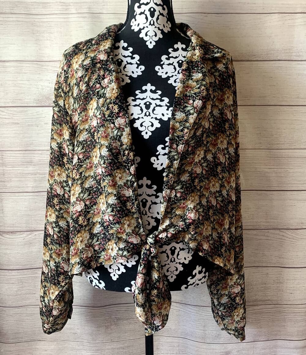 Vintage Gemini II Designs Inc Floral Blouse Open V-Front Tie Bottom Cardigan